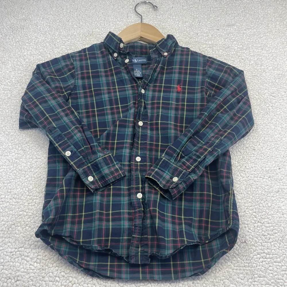 Ralph Lauren Shirt Boy Size 5 Blue Green Plaid Button Down Long Sleeve Pony Logo